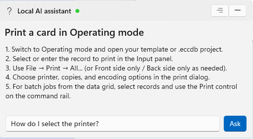 eMedia Cards AI Assistant — Printer selection